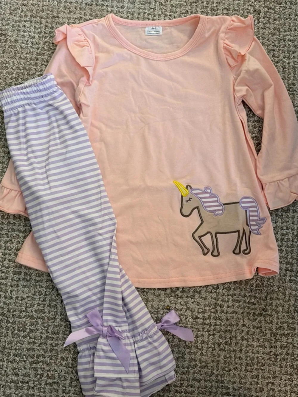 Children's Pink Unicorn Pajama Set with Lavender Striped Pants